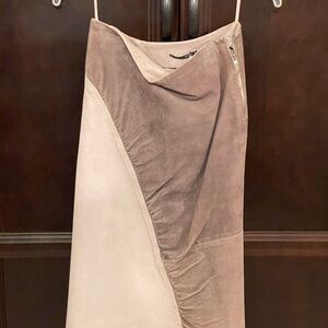 Collection Privee? Midi Skirt in Tan Suede and Cream Leather
